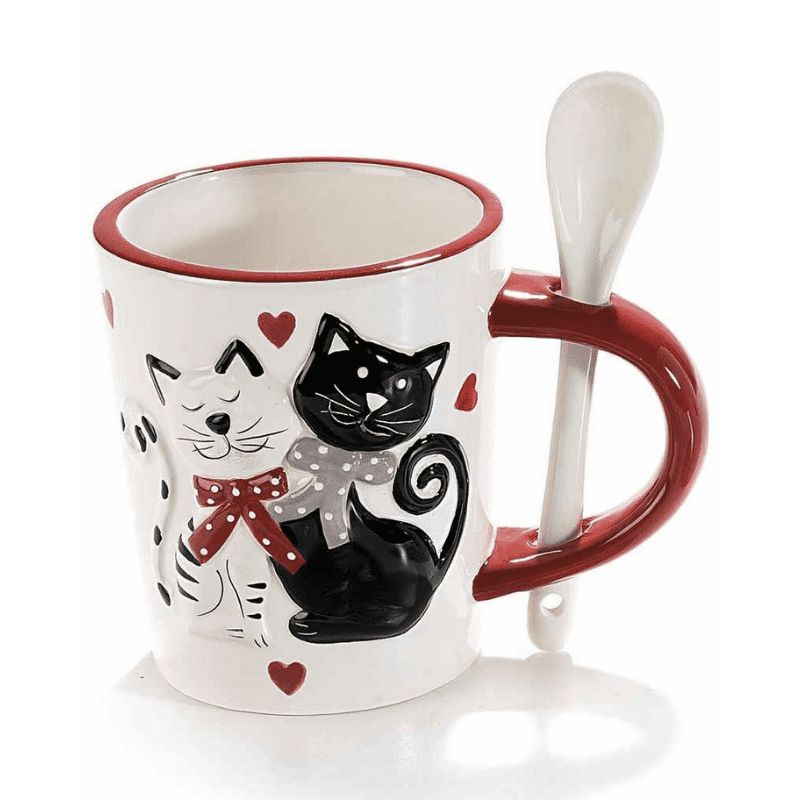 QQ CAT Tasse à café en céramique avec joli chaton - 350 ml - Avec couvercle  et cuillère en acier inoxydable - Cadeau pour les amoureux des chats - 350