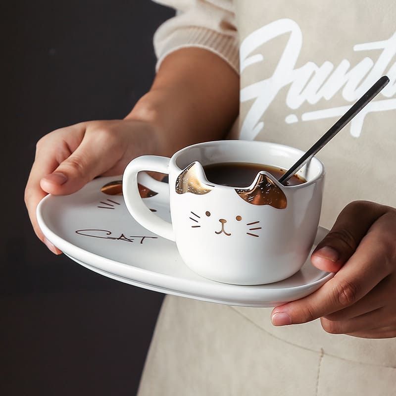 Set Tasse & Assiette Chat: Mug Original avec Cuillère Assortie - Totalcadeau