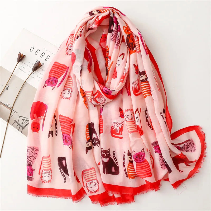 Foulard Avec Motif Chat en Viscose