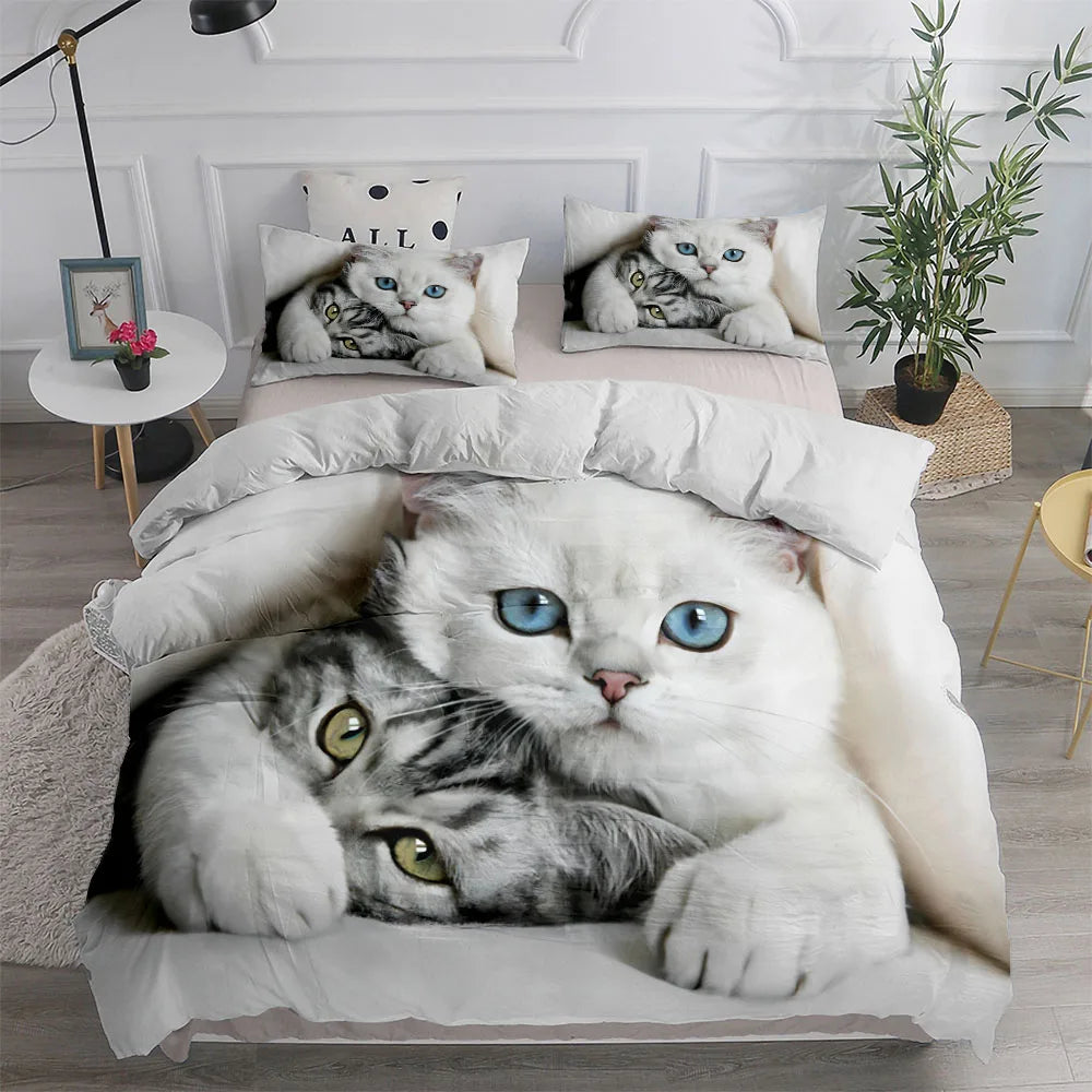 Housse de Couette Chat Blanc et Gris