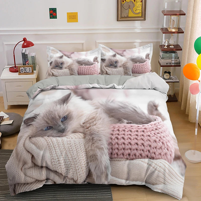 Housse de Couette Chat Gris 3D