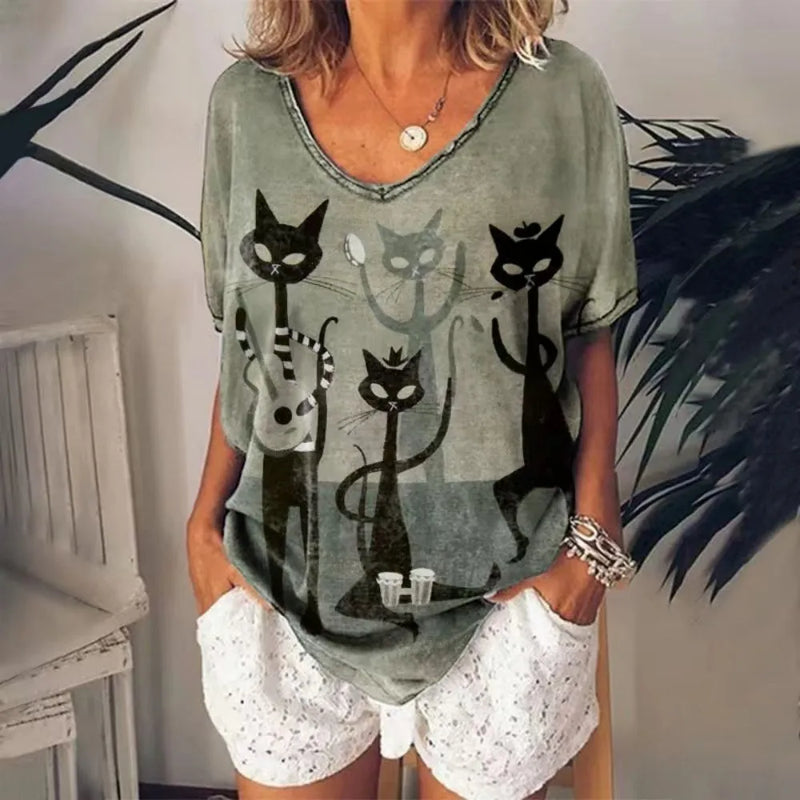 T Shirt Femme Chat Col en V