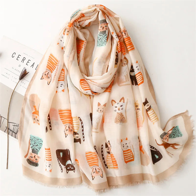 Foulard Avec Motif Chat en Viscose